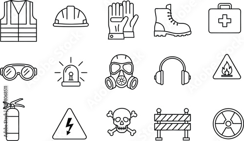 Set of safety and protective equipment icons for workplace hazard prevention