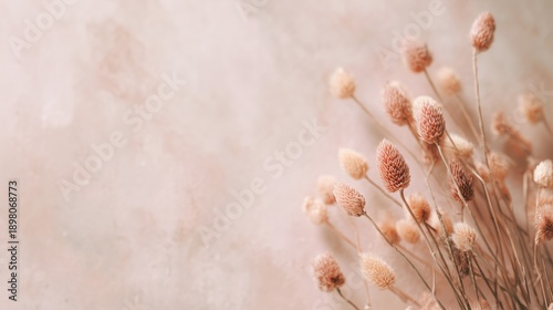 Soft blush beige background with dried bunny tail grass and gentle natural light.