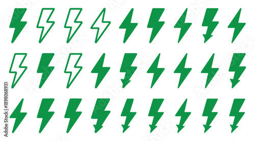 Lightning bolt icons set, black outline of flash lightning bolt icon vector illustration. Energy, power symbol.