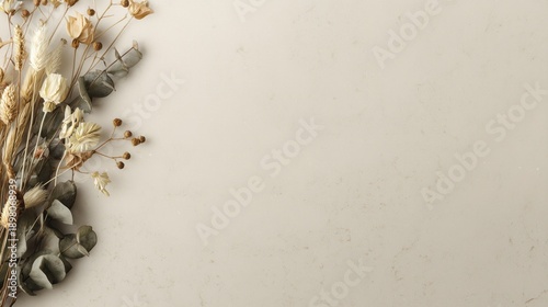 Neutral beige plaster background with dried flowers and soft natural light.