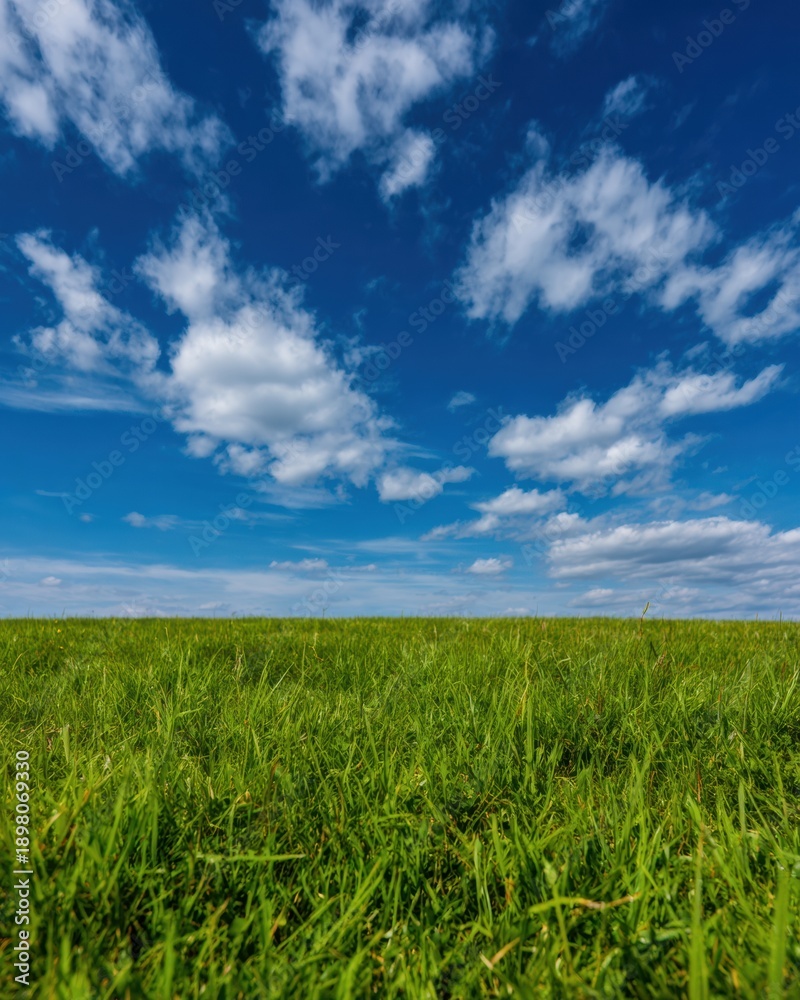 Fototapeta premium Green grass field under blue sky with white clouds, a lush mowed lawn for landscaping services and outdoor advertising background with natural bright sunlight