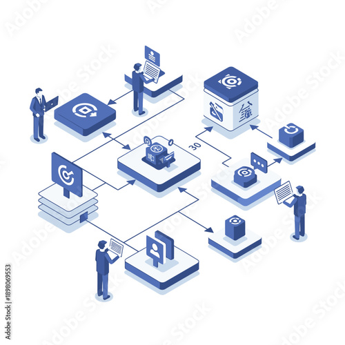 Isometric illustration of data processing and transfer between devices and servers.