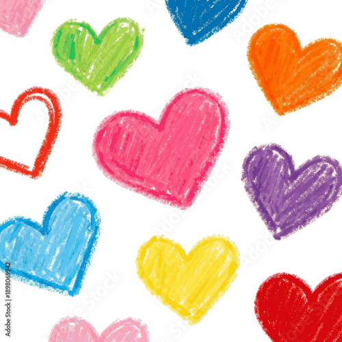 Playful crayon-style illustration of colorful heart shapes scattered cheerful and childlike mood vector, svg