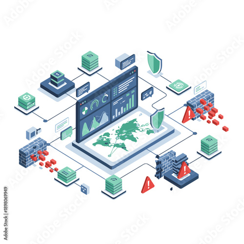 Global Data Analysis and Cybersecurity on Computer Screen.
