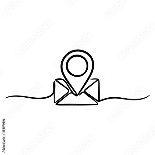 email symbol, pin icon, continuous outline of a location pin icon, line art illustration