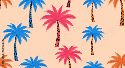Seamless vector illustration of vibrant palm trees with leopard print trunks on a peach background, perfect for summer and tropical designs