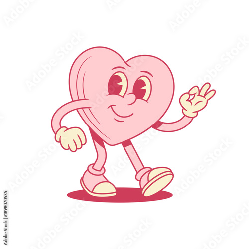 Funky smiling pink heart cartoon character okay gesture contoured vector flat illustration. Happy comic like love Saint Valentine's Day minimalist mascot ok good recommend approved gesturing