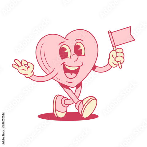 Happy pink heart cartoon character walking with flag contoured vector flat illustration. Smiling like love Saint Valentine's Day minimalist mascot warning attention parade okay gesture