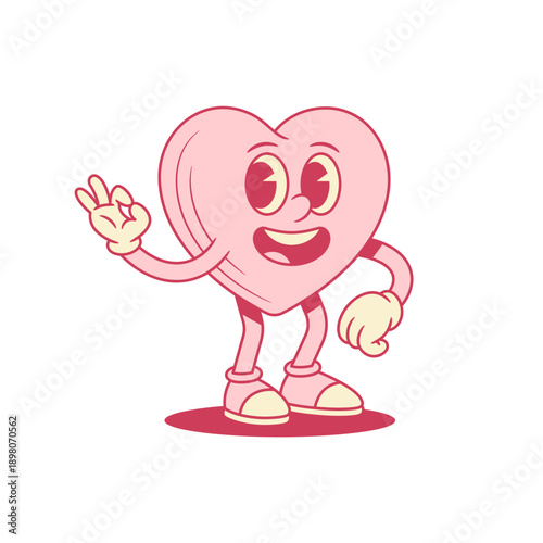 Comic pink heart cartoon character okay gesture contoured vector flat illustration. Funky smiling like love Saint Valentine's Day minimalist mascot ok good recommend approved gesturing