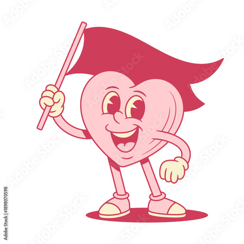 Comic pink heart cartoon character big waving flag contoured vector flat illustration. Smiling cheerful like love Saint Valentine's Day minimalist mascot honor warning attention symbol