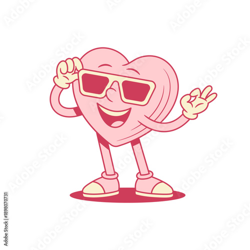 Funky pink heart cartoon character in sunglasses contoured vector flat illustration. Smiling cheerful cool like love Saint Valentine's Day minimalist mascot in summer eyeglasses okay gesture