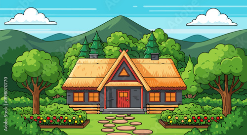 Charming vector illustration of a cozy cabin nestled amidst lush greenery and rolling hills, perfect for fantasy or nature themes