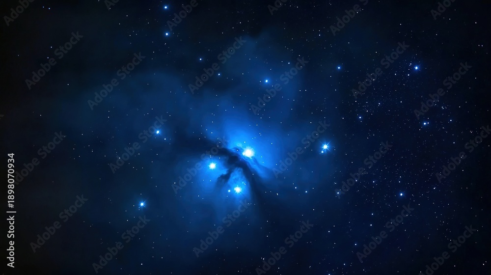Fototapeta premium pleiades. Wide shot of winter night sky with faint blue-white Pleiades star cluster. STEM education sheets, lab safety posters, designed for biotech research communications.