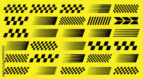 Racing stripe banners, checkered pattern vector set, flag, speed line design vector graphics for motorsports, car racing, track finishing