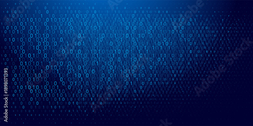Blue glowing binary code rain background. Futuristic matrix style with data stream, abstract computer system, digital tech effect and cyber security information pattern. Vector eps10