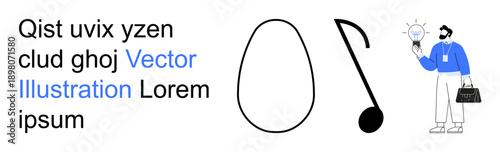 Abstract art, business ideas, design concepts, creativity, innovation, solutions. Black symbols and a businessman holding a light bulb. Business ideas and creativity