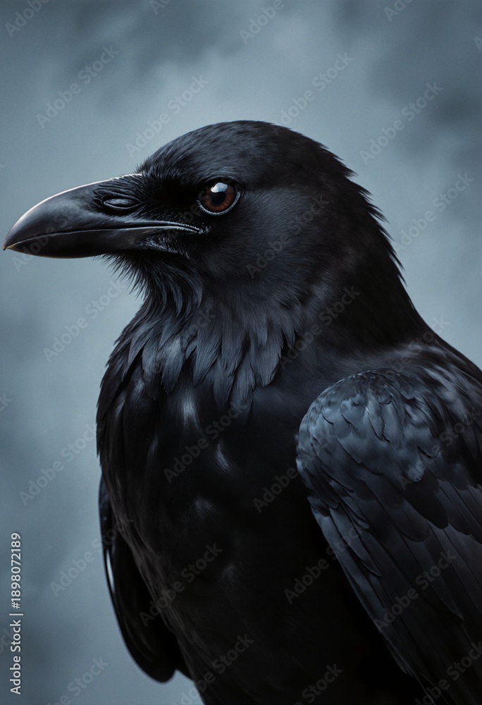 Fototapeta premium Majestic black raven portrait with detailed feathers and piercing dark eye against moody blue-gray background for wildlife and nature projects