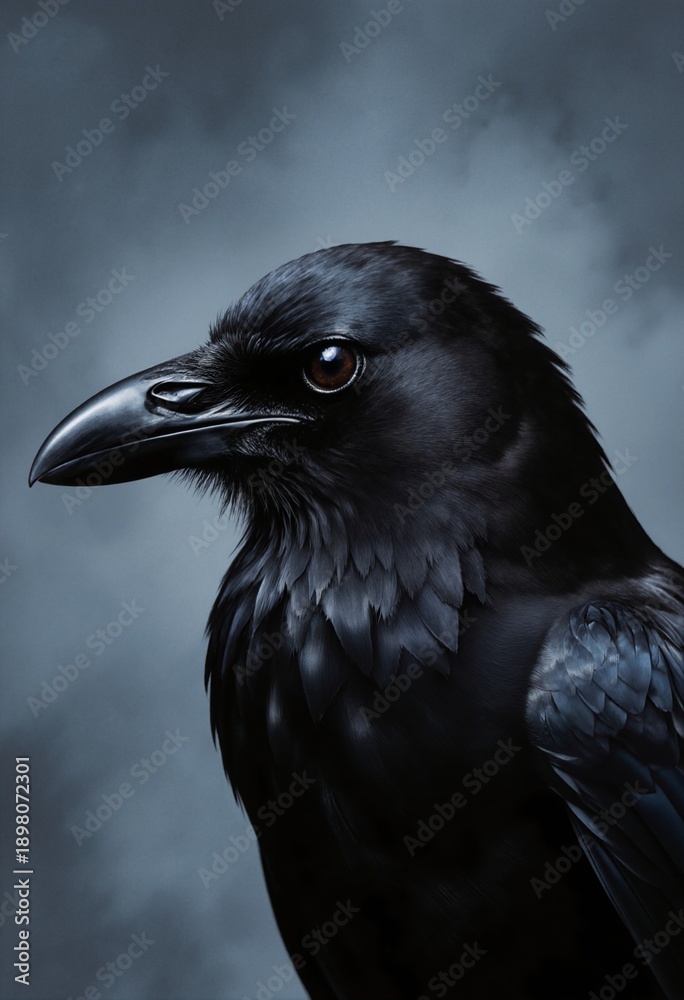 Fototapeta premium Majestic black raven portrait with detailed feathers and piercing dark eye against moody blue-gray background for wildlife and nature projects