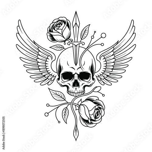 Symbolic illustration of a skull with wings and roses intertwined with a dagger