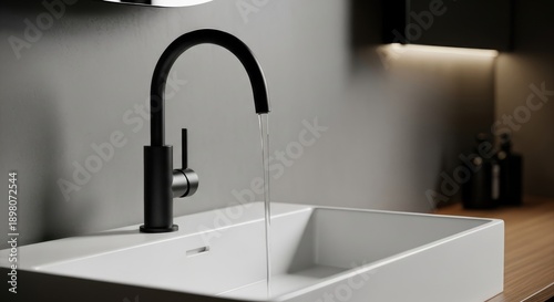 Modern black curved faucet with sleek metallic finish pouring water into minimalist white undermount bathroom sink, contemporary bathroom design with soft ambient lighting and neutral gray wall