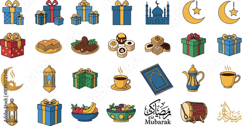 Collection of Islamic celebration elements, gifts, and traditional food items illustrated in a festive style, 2 (2)