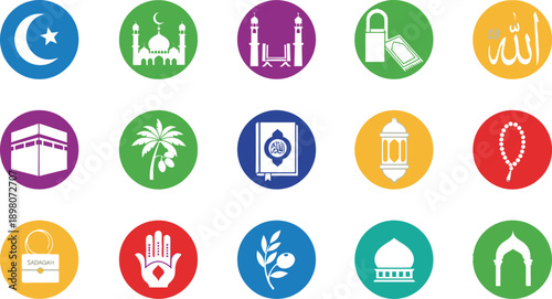 Vibrant icons depict Ramadan symbols and Islamic culture on white background 2 (6)