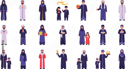 People in traditional Middle Eastern clothing celebrate a festive occasion with gifts and lights.