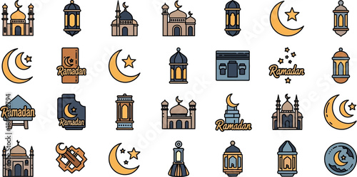 Ramadan Kareem illustration set with mosque icons and crescent moon symbols