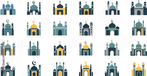 Various mosque architectural styles illustrated in a collection of 2D designs 2 (30)