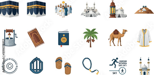 Collection of Islamic symbols and icons representing pilgrimage and faith illustrated in a modern style.