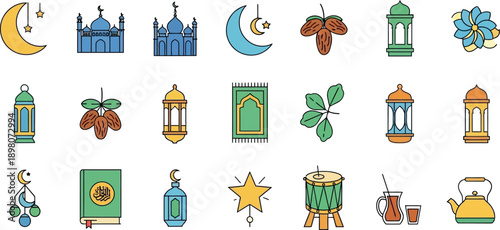 Ramadan icons including mosque, lanterns, dates, and holy book on white background 2 (34)