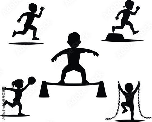 Black silhouettes of children playing on playground equipment