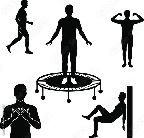 Black silhouettes of men exercising with trampoline