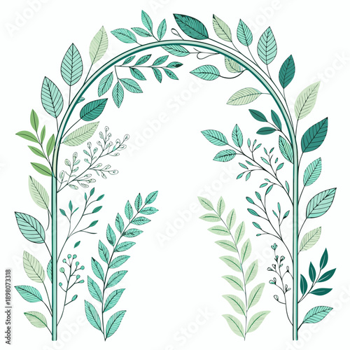 An elegant archway adorned with lush green leaves and vines, depicted in a serene illustration from a frontal viewpoint.