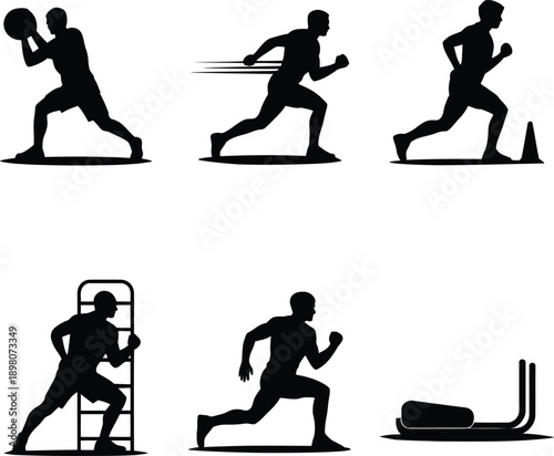 Black silhouettes of men running and exercising with sports equipment