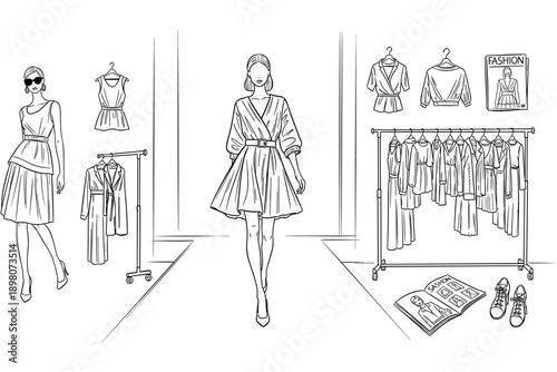 Elegant fashion showroom with stylish outfits and models in linear art style