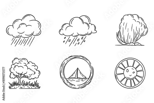 Hand drawn weather icons: clouds, rain, tree, sun, and nature elements