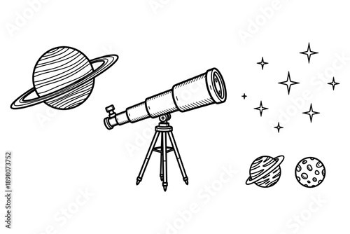 Telescope and celestial bodies in hand drawn astronomy scene