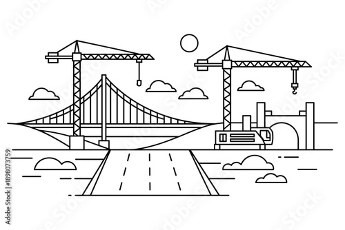 Linear bridge construction with cranes and machinery in urban landscape