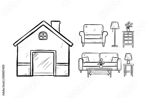 Hand-drawn home icons with furniture - sketch style living room elements
