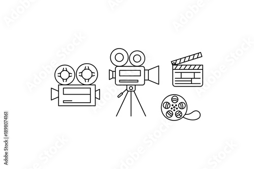 Film and media essentials in simple linear design: camera, clapperboard, reel