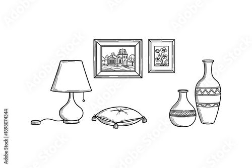 Monochrome home decor line art: vases, lamp, paintings, and cushion design