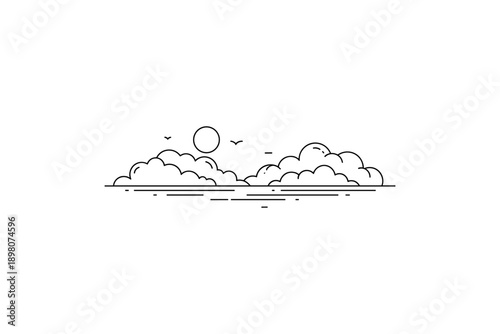 Minimalist linear cloudscape with sun and birds in simple design
