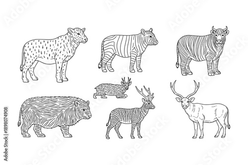 Intricate line art of hybrid animals in diverse patterns