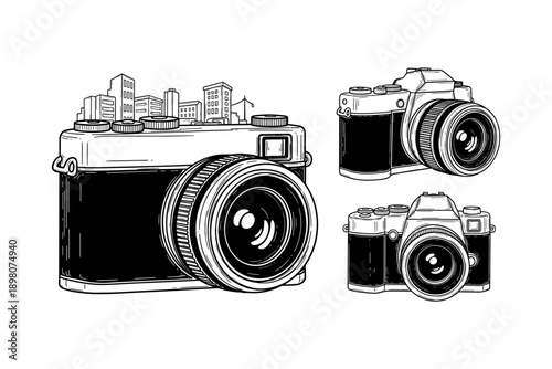 Retro cameras with urban skyline: detailed black and white art
