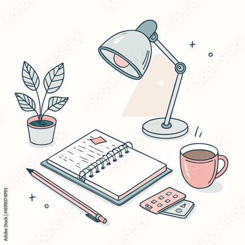 Illustration of a desk setup with a notebook, pencil, lamp, coffee, and plant viewed from above in a workspace environment