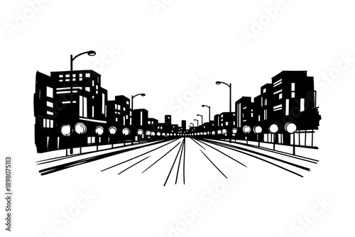 Urban city street in black and white silhouette style with modern architecture