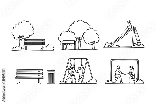 Minimalist park scenes with playground equipment in outline style