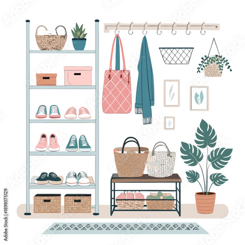 Organized entryway with stylish shoe rack, hanging bags, and decor in a modern home setting viewed from the front