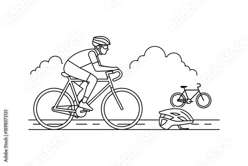 Cycling enthusiast on bike ride with helmet and bicycle in minimalist line art